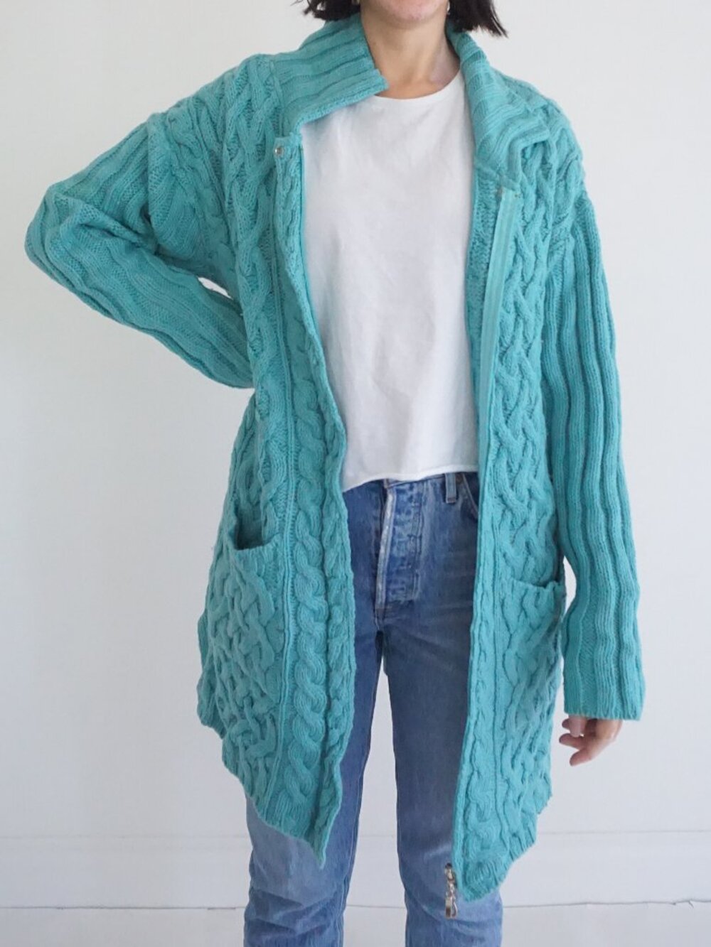 Vintage Aran Crafts Aqua Aran Cable Knit Irish Wool Collared Preppy Cardigan L
